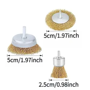 3-Piece Brass-Coated Wire Brush Set, Rust Removal Paint Stripping Steel Wool Brushes, 6mm Drill Handle, Cleaning Tools，Perfect Gift for Valentine's Day Father's Day Anniversary,Thanksgiving Day,Juneteenth,Independence Day