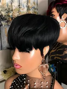 Pixie Cut Wig Short Straight Human Hair Wig, Machine Made for Women, Daily Party Cosplay Gift, Burgundy Colors, Pre Styled Wig