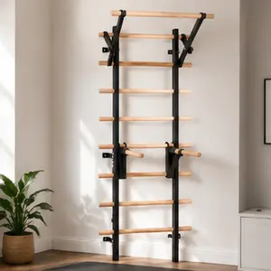 Wall Mount Pull Up Bar with Adjustable Dip Bars & Resistance Straps, Heavy Duty Steel Frame, 286lbs Capacity, Solid Beech Wood Rungs, Home Gym Strength Training Station for Pull Ups Dips Stretching, Black+Natural, Black+Natural Color Options