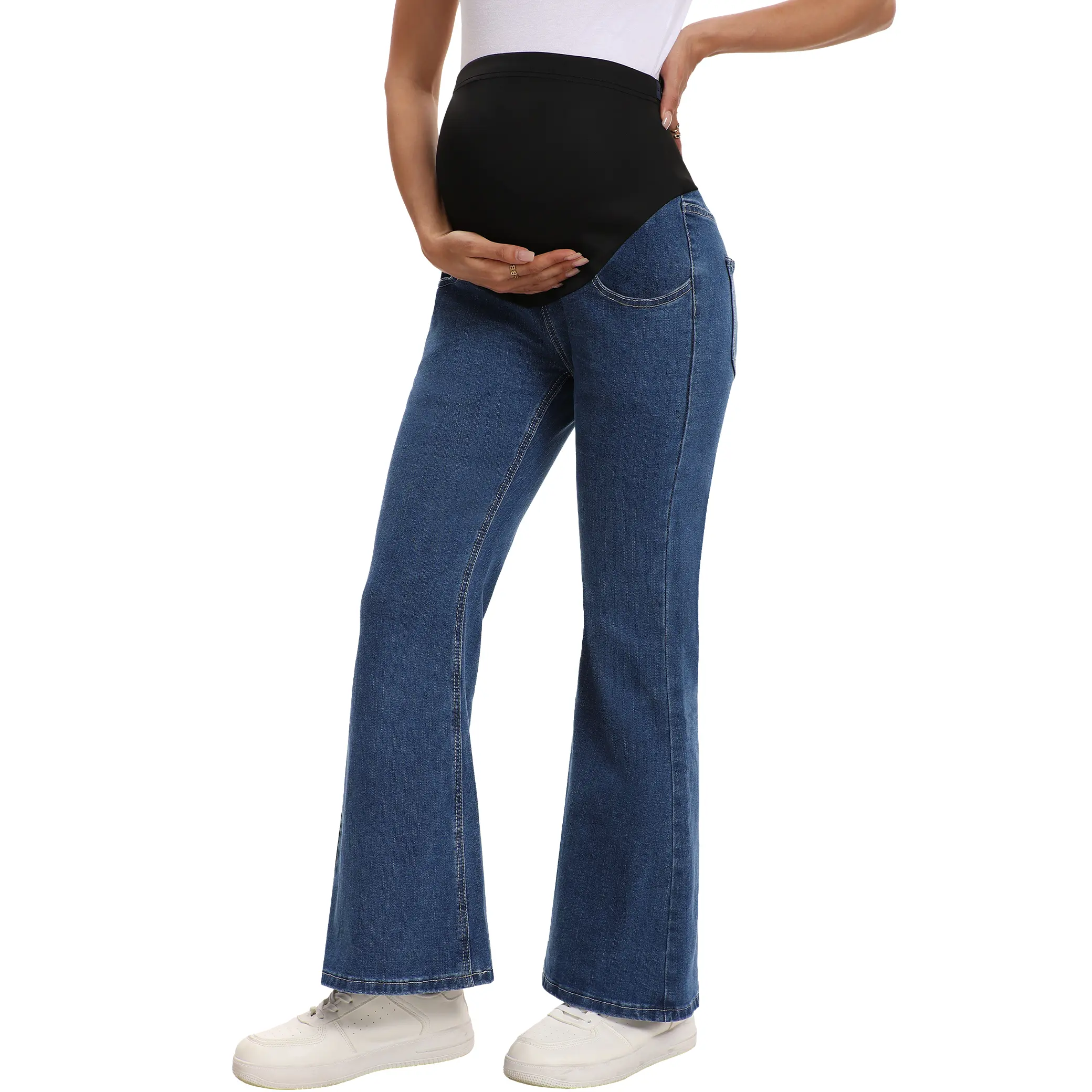 Cymebosilux Women's Maternity Jeans Wide Leg Adjustable Over The Belly Support Stretch Pregnancy Denim Loose Wide Pants with Pockets