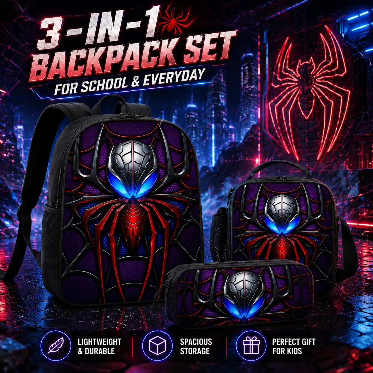 Cyber Mech Spider Graphic Print Men's Fashion Accessory Set, Urban Streetwear Utility Daypack Combo, Tech Armor Metallic Purple Red Travel Shoulder Bag, Hip Hop Casual Outerwear Matching Piece Pack Gift