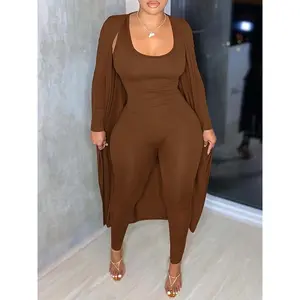 ��Plus Size�� Two-piece Set Solid Scoop Neck Jumpsuit & Long Sleeve Open Front Outwear, Casual Fashion Cozy Outfits for Daily Outdoor Wear, Two Piece Set Women, Women's Clothing for All Seasons
