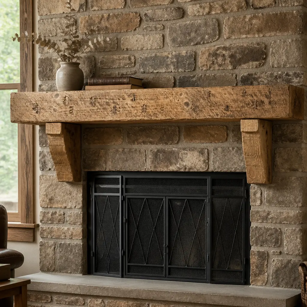 Rustic Wood Fireplace Mantels WIth Farmhouse Barn Beam Style