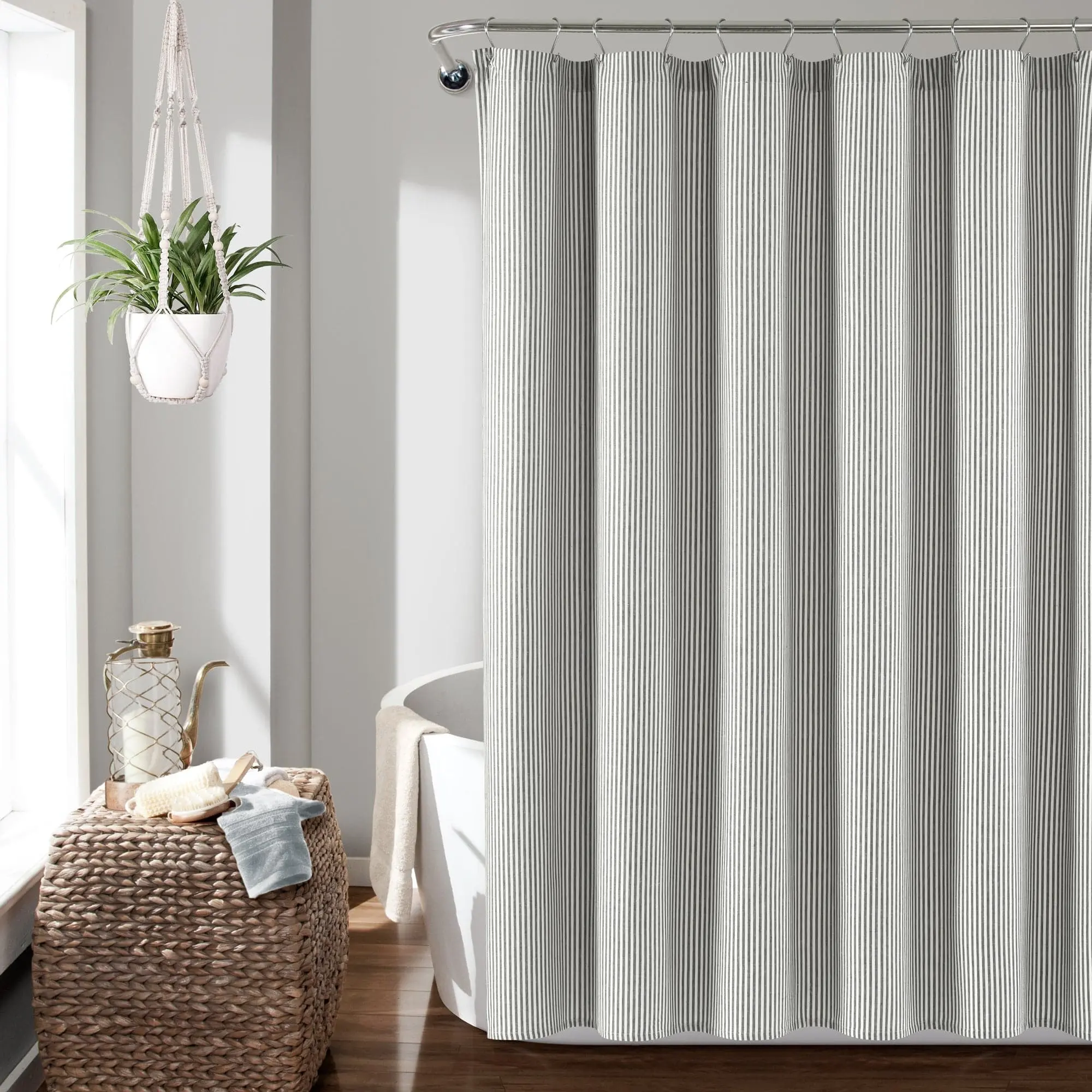 Lush Decor Farmhouse Vintage Stripe Yarn-Dyed Recycled Cotton Blend Shower Curtain, 72x72", Coastal Style, 20% Recycled Polyester, Soft Ticking Stripes Bathroom Accessory, Fade Resistant