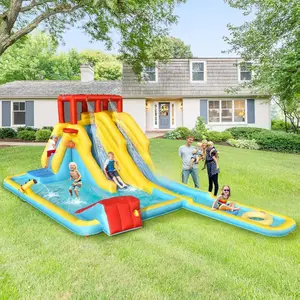 【Dealsforyou】Costzon Inflatable Water Slide, Dual Surfing Slides Kids Water Park Jump Bouncy Castle w/2 Swimming Rings, Blower, Large Splash Pool, costst