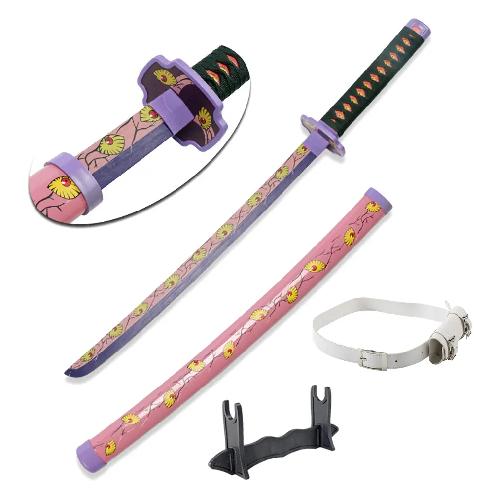 ELERVINO 31-in Bamboo Wooden Demon Slayer Kokushibou Plastic Cosplay Sword - 1.5 lb Anime Katana Swords with White Belt, Holder Stand Display, Collectibles for Teens (12+), Halloween Props