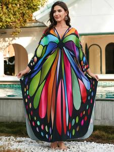 plus size butterfly print split side kaftan dress, boho casual v neck batwing sleeve long dress for beach holiday vacation, women's clothing for all seasons, summer dresses, womenswear, boho clothes women