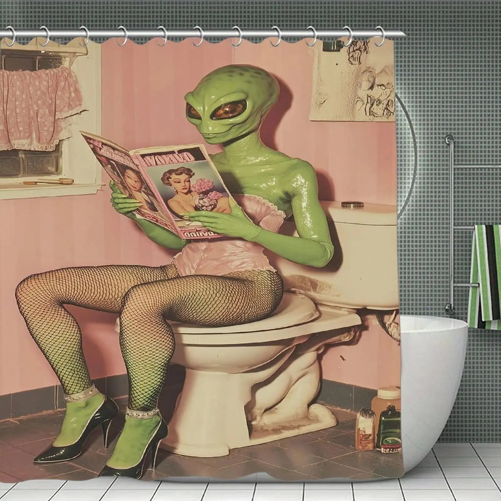 1pcs Funny Alien Reading Magazine Shower Curtain, Retro Pink Bathroom Decor, Waterproof Fabric Bath Curtain with hooks,Novelty Green Alien Toilet Scene Shower Curtain