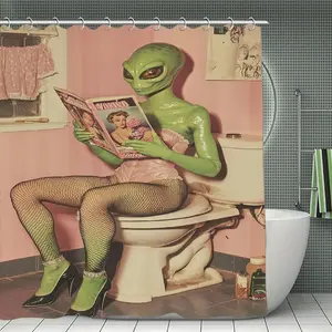 1pcs Funny Alien Reading Magazine Shower Curtain, Retro Pink Bathroom Decor, Waterproof Fabric Bath Curtain with hooks,Novelty Green Alien Toilet Scene Shower Curtain