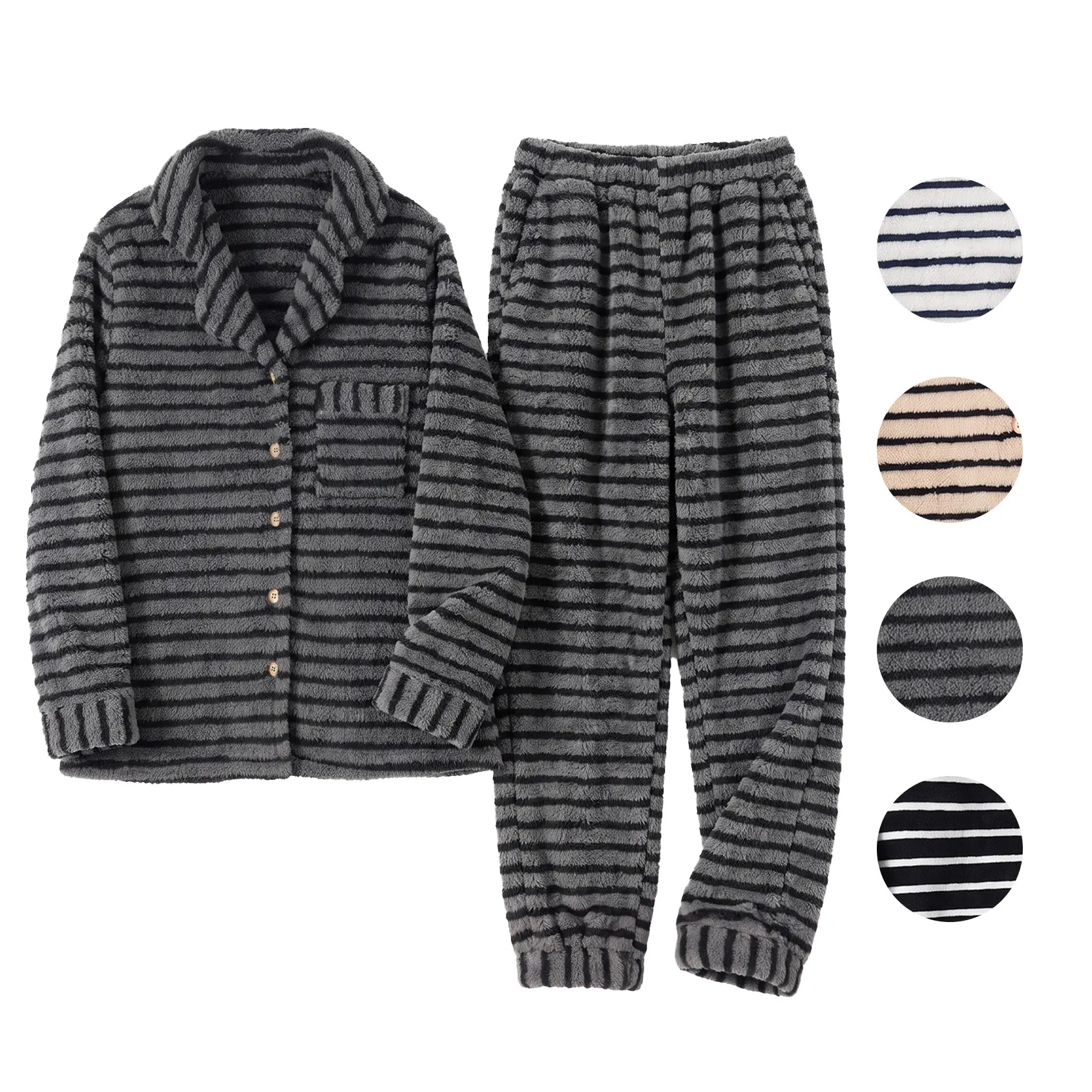 Gihuo Mens Fluffy Pajamas Set 2 Piece Striped Winter Fleece Pjs