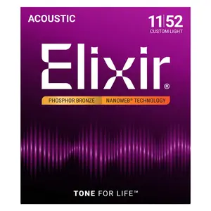 Elixir 16027 Acoustic Guitar Strings Phosphor Bronze w/ Nanoweb Coating - Custom Light 11-52