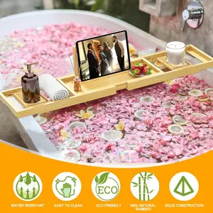Premium Bathtub Tray - Expandable Bamboo Wooden Bath Trays for Bathub - Bath Tub Table Tray for Bathtub/Tub,Adjustable Size, Fits Most Tubs