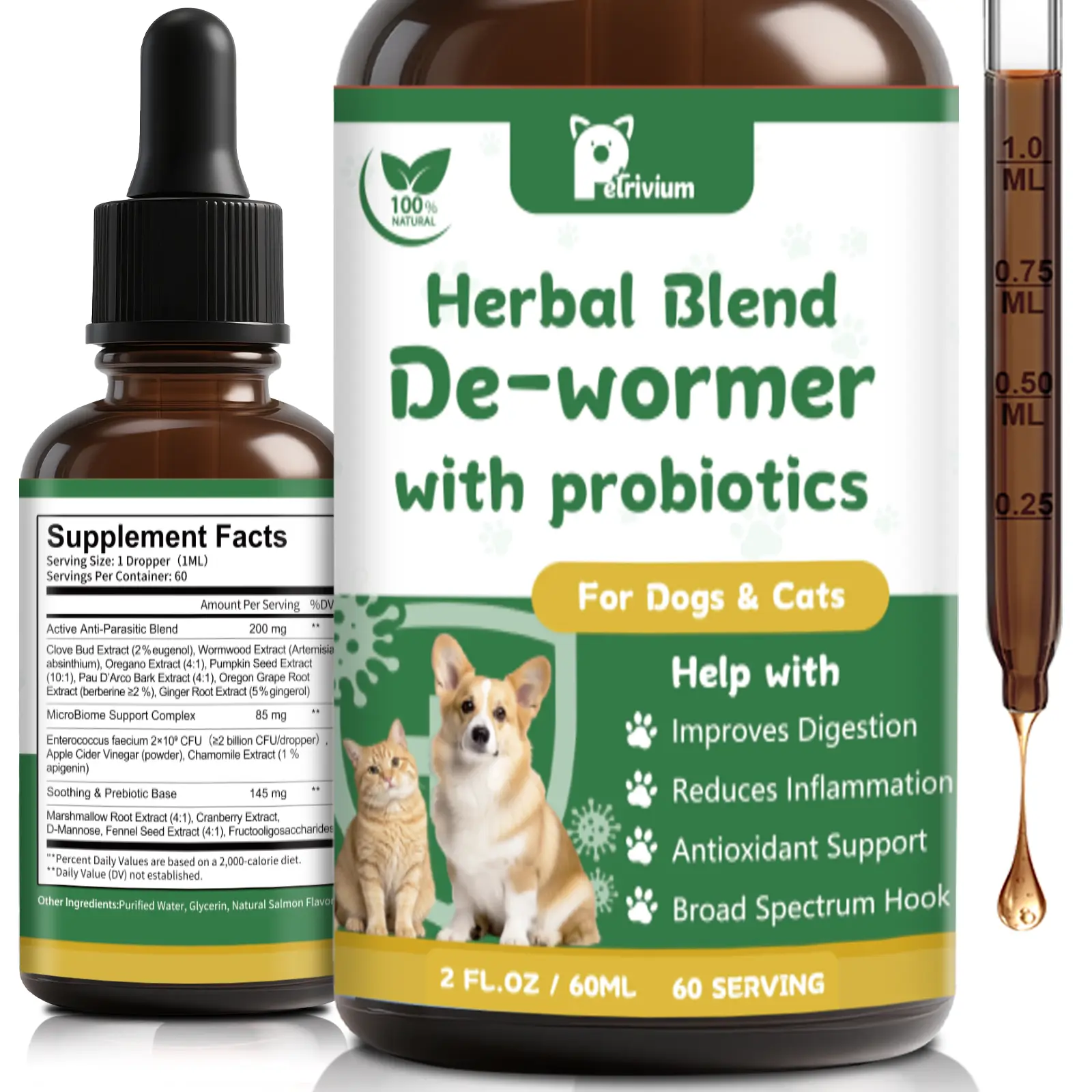 Natural Intestinal Defense for Cats & Dogs - Herbal Cleanse with Probiotic, Triple Action Probiotics Supplement Drops for Gut Health, Digestion, Broad Spectrum Formula for All Ages and Breeds, 2 Oz