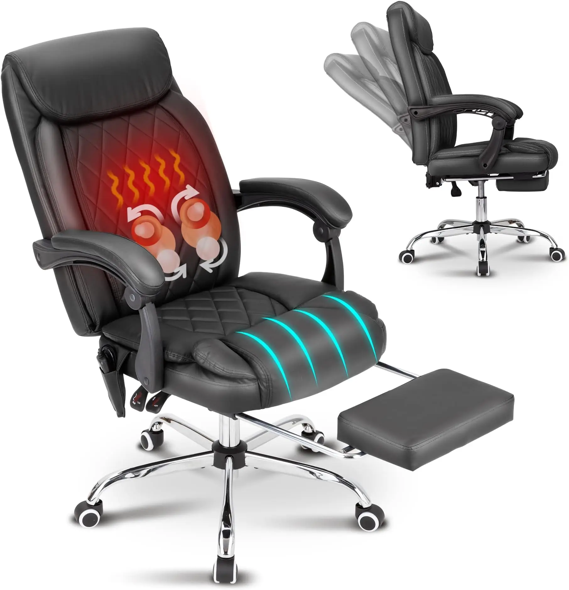Kneading Massage Executive Office Chair with Heated,90-135°Reclining with Footrest,High Back Computer Desk Chair with Wheels,Diamond-Stitched Cushion