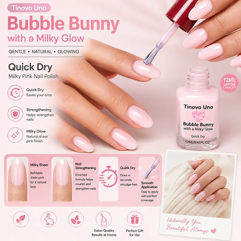 Tinovo Uno Quick-Dry Nail Polish - Luxury Manicure Cosmetic, Milky Glossy Nude Pink Shade, Smooth Application, No UV Light, Fade-Resistant Long-Lasting, Vitamin-Enriched Nail Care, Metallic Finish, Great for Daily Wear, Nail Art