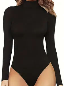 Women's High Collar Plain Color Body Shaper，Mock Neck Long Sleeve Bodysuit, Elegant Skinny Stretchy Bodysuit, Control bodysuitWomen's Clothing-XSY378