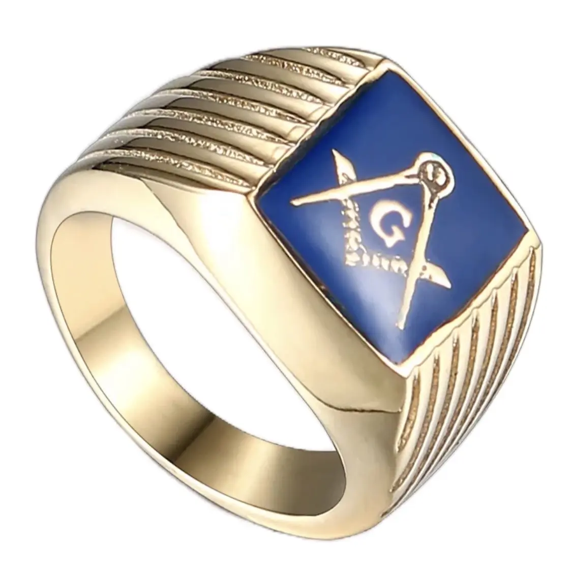 Vintage Gold Blue Enamel Masonic Ring Freemason Stainless Steel Ring