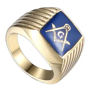 Vintage Gold Blue Enamel Masonic Ring Freemason Stainless Steel Ring