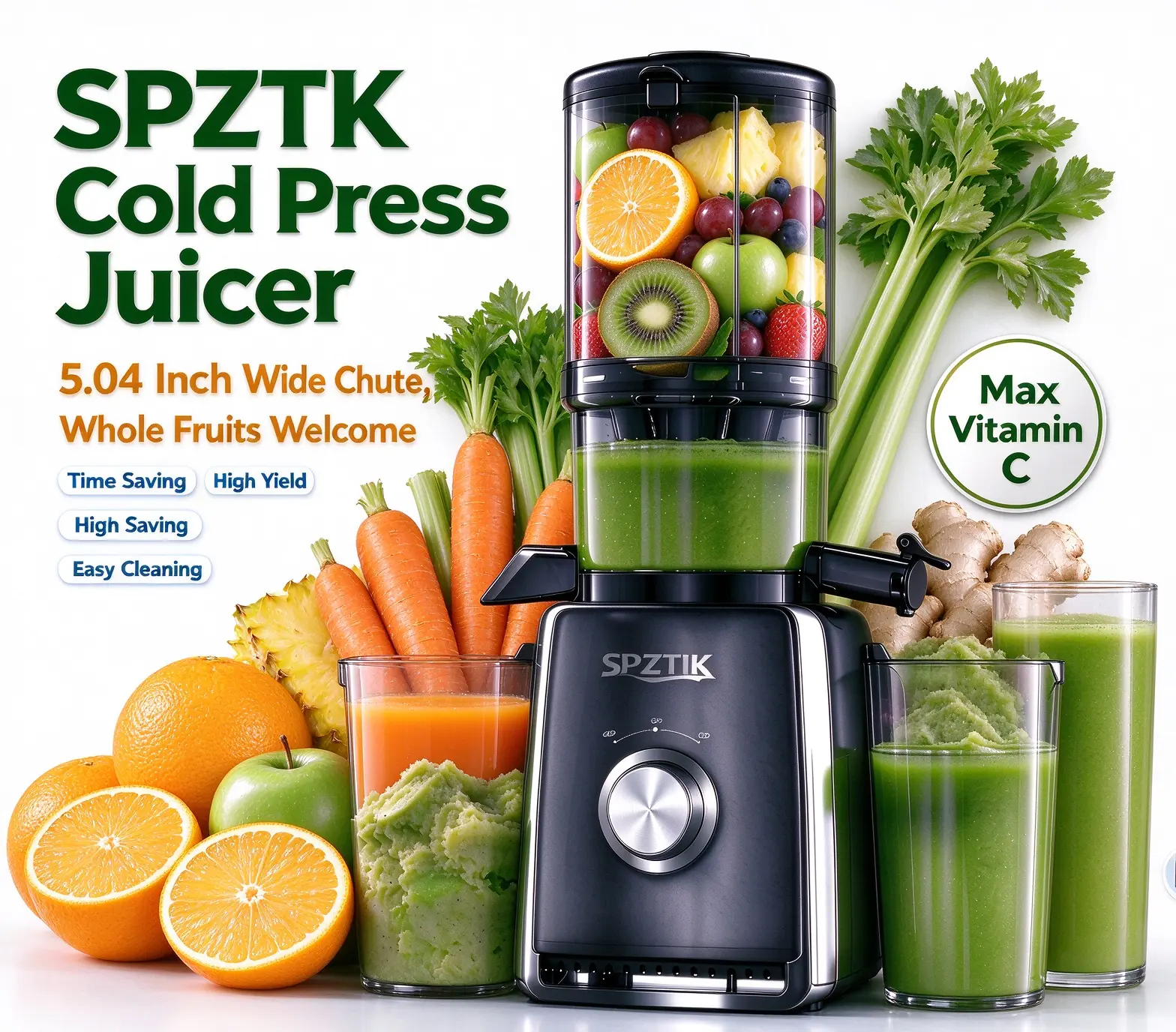 SPZTJK New Cold Press Slow Masticating Cold Juicer - Juice Machine, 5.3" Oversize Chute Feeder, 300W Silent Motor Countertop Juicers, Auto Pulp Separation, Polycarbonate Build, Safety Lock, Minimal Mess, Easy to Use & Clean for Batch Juicing