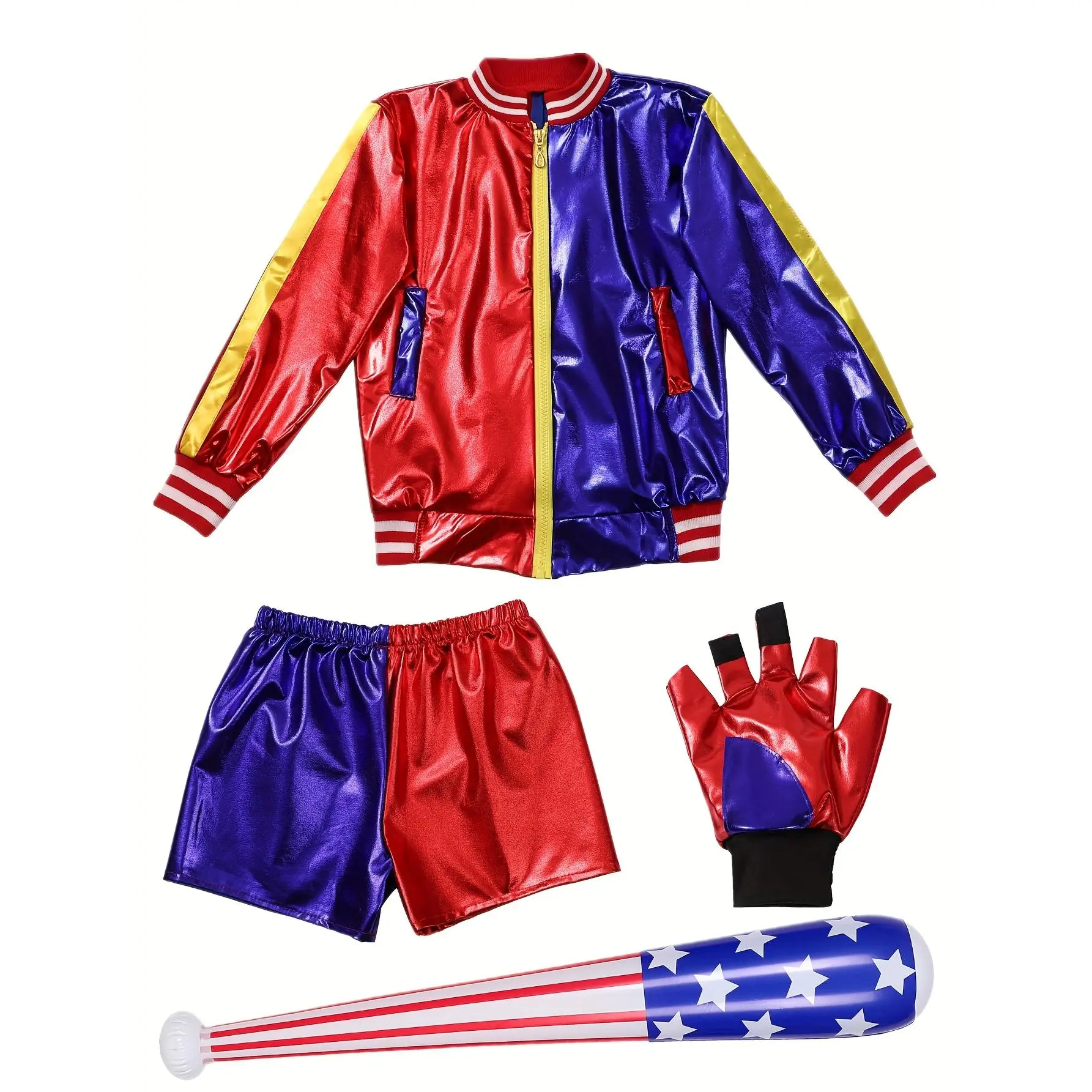 Girls Clown Halloween Costume Set, 7-Piece Colorblock Role Play Outfit with Accessories for Carnival, Ages 5-6Y, 7-8Y, 9-10Y, 11-12Y, Clown Costume, Gloves, Baseball, Jacket, Polyester, Colorblocks