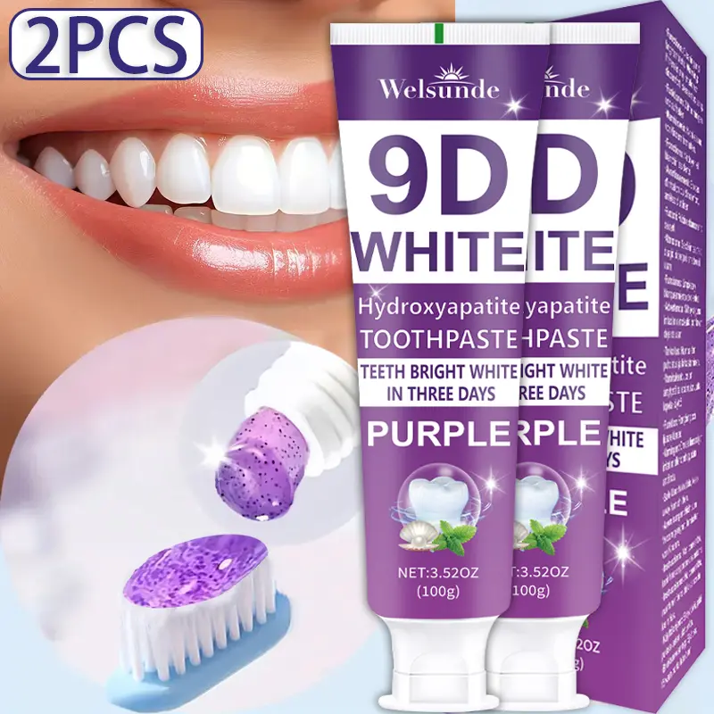 Welsunde 9D Purple Hydroxyapatite Toothpaste - Fluoride-Free, Peppermint Essential Oil, Deep Clean, Gum Health, Whitening Teeth, Stain Remover, 100g Non-Toxic Oral Care for Pearly Whites