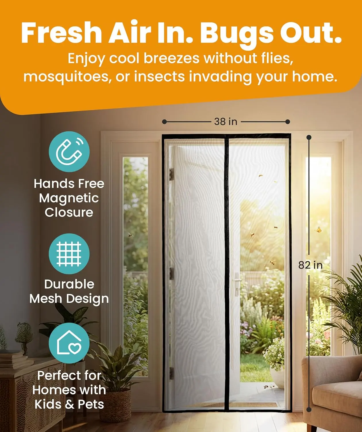 Magnetic Screen Door - Bugs Out, Breeze In - 9-Minute Install Auto-Sealing Heavy Duty Double-Stitched Mesh, 52 Magnets, Hands-Free for Sliding & Patio Doors, Pet & Kid Friendly, 38 x 82 Inch