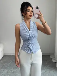 Elegant Women's Knit Striped Sleeveless V Neck Tie Waist Bowknot Shirt Top Breathable, Elegant Classy Tops, Fashion Slim Fit Casual for Spring & Fall, Casual Fitted Sleeveless, Womenswear