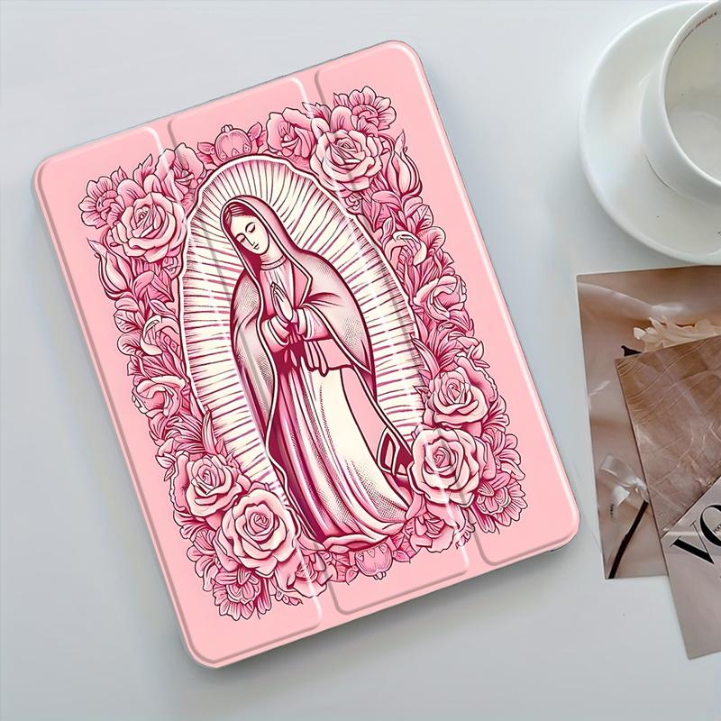 Pink Virgin Mary Rose Floral iPad Stand Case, Three-tiered stand iPad case,Religious Art Transparent Acrylic Hard Back Panel With Pencil Slot, for All models ipad.Scratch-resistant Ultra-thin Protective Case,Shock-resistant Full Cover, Tablet Stand Holder