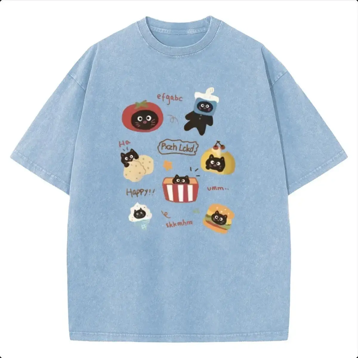 Women's Graphic T-Shirt, Casual Baggy Short-Sleeve Streetwear with a Vintage Cat Food Print in Washed Cotton oversized, Chic, Comfortable, Shortsleeve, Breathable, Everyday, Fashion, Top, Graphic Print