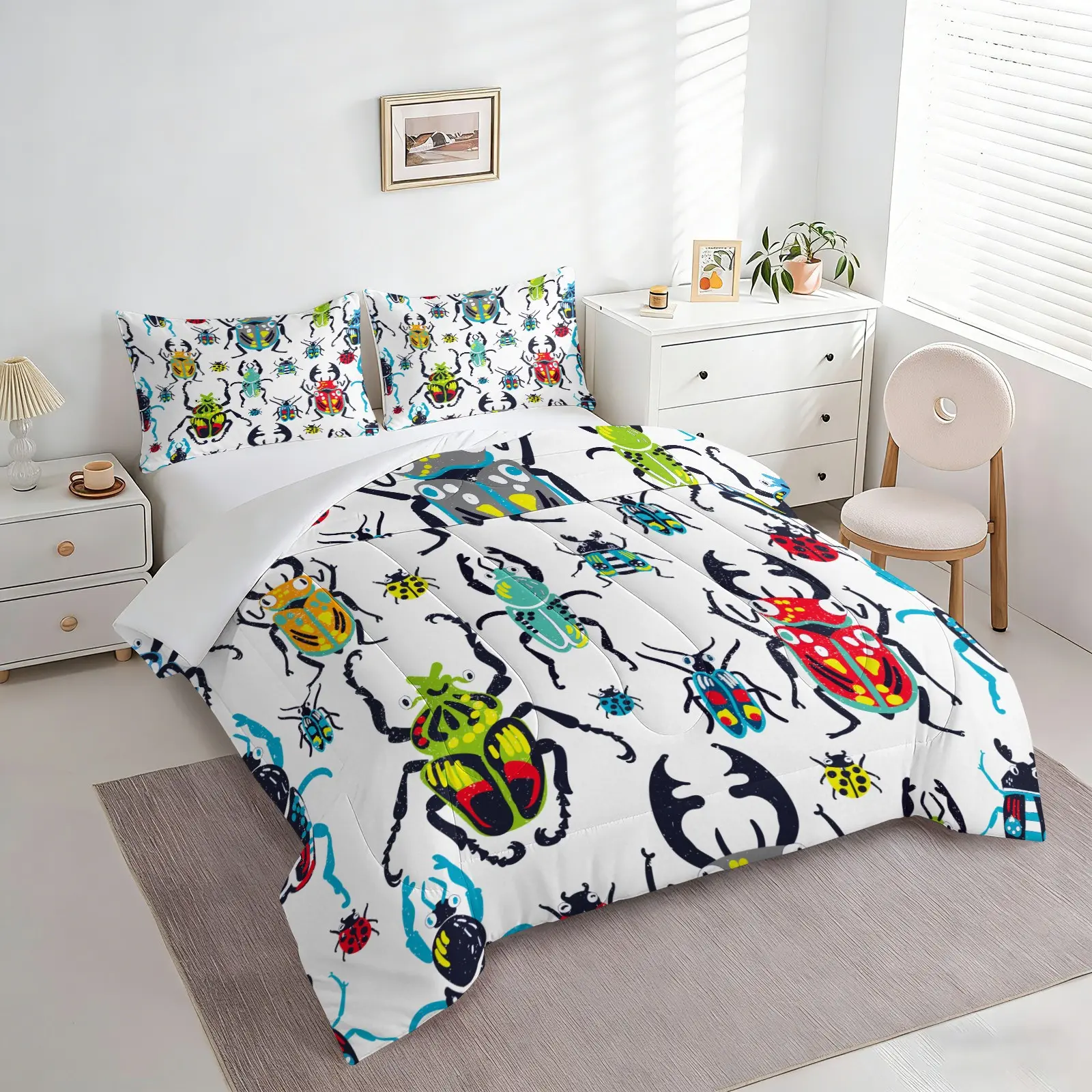 Cartoon Colorful Beetle Comforter Set, 2/3Pcs Insect Bedding Set with Pillowcases, Soft Lightweight Quilt for Kids Boys Teens Bedroom, All Season Cute Bug Print Home Decor, Twin/Full/Queen Size