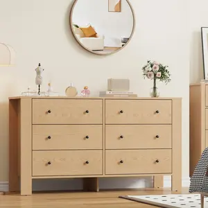 Garvee Natural Oak Large 6 Drawer Dresser with Deep Drawers & Metal Knobs, Modern Wooden Double Chest of Drawers for Bedroom, Entryway, and Hallway Storage