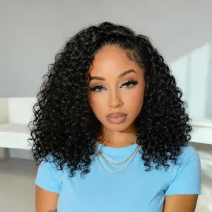 Kinky Curly Half Wig Synthetic Wear and Go Glueless Wigs 14 Inch 3 In 1 Drawstring Seamless Flip Over Curly Half Wigs for Women Beginner Friendly Natural Black