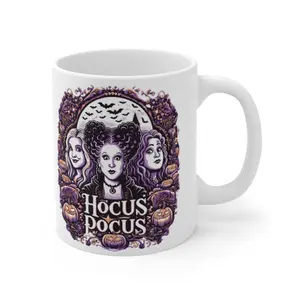Hocus Pocus Ceramic Mug 11oz - Classic Shape White Mug for Coffee, Tea and Hot Chocolate - Drinkware Beverage Cup Reusable Washable Reuse Winter trendy cups