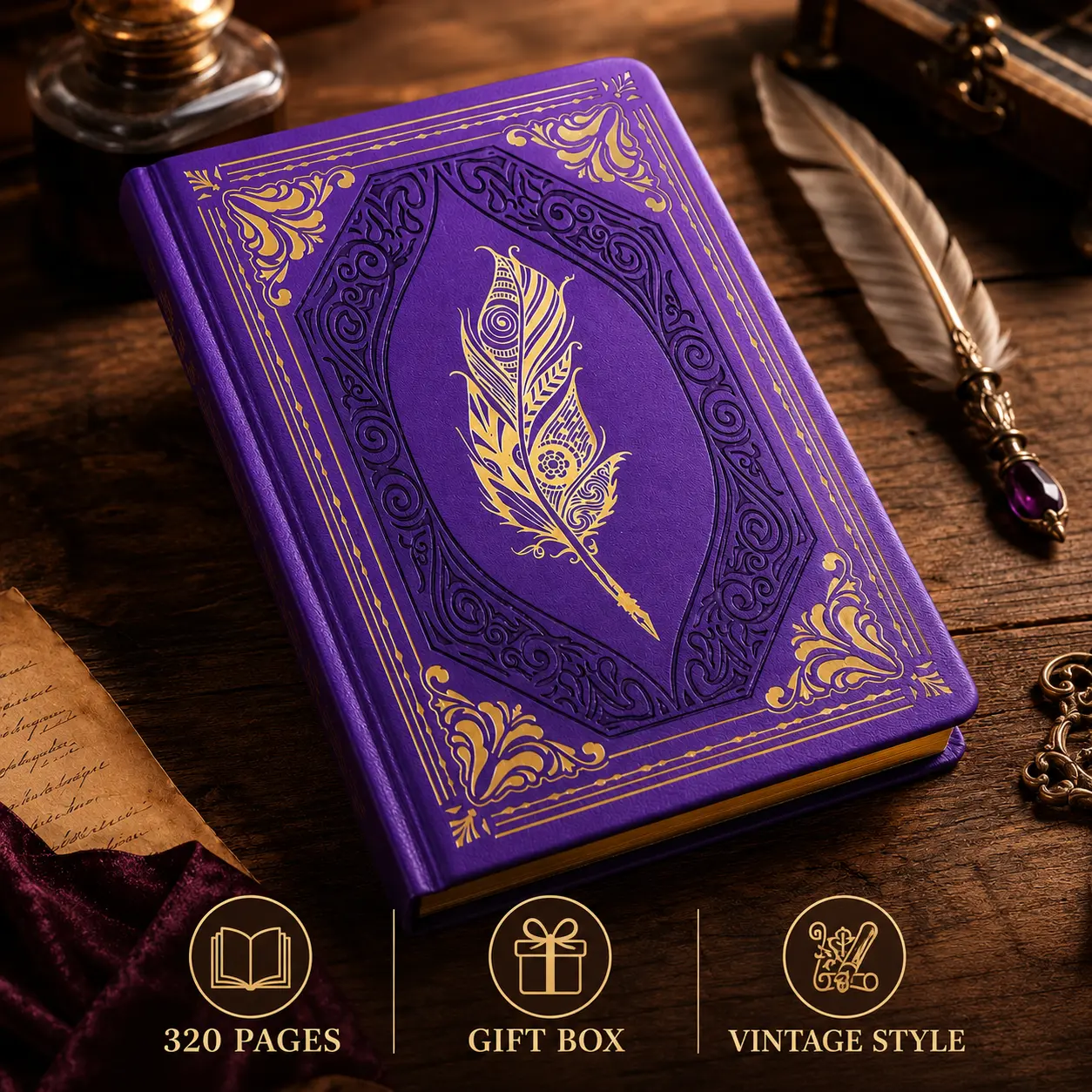 Vintage 320 Pages Thick Lined Journal notebook, Gold Edges, Embossed Design, Sturdy Binding, Easy to Write On – Journaling Supplies for Poetry, Meditation, Clearing Mind, Gift-Ready with Box