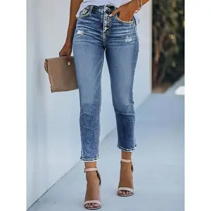 [US Shipping] MW Shiny Elastic single breasted women's denim tight casual pants Fit Jean