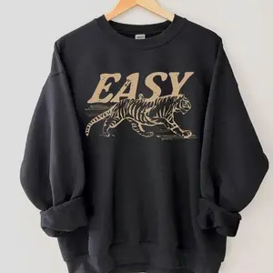 Vintage Easy Tiger Sweatshirt, Vintage Animal Graphic Tiger Tee, Unisex Boho Aesthetic Sweater, Soft Retro Style Top  Pullover-  Cotton Black Matching Q