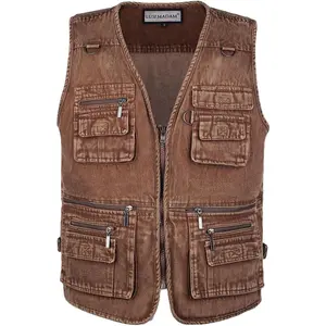 Men's Zipper Multi Pockets Casual Vest Outdoor Travel Fishing Hunting Photo Utility Work Cargo Vests Denim Black