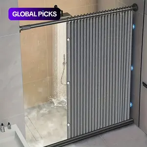 Foldable shower curtain, grey with a fashionable theme, available in various sizes. Features a double-sided magnetic hook design, providing all-round comfort for the bathroom, including hooks and magnetic hook ties. Reinforced stitching #GLOBAL PICKS