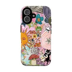 Whimsical Psychedelic Collage Phone Case – Trippy Sun, Mushrooms, Dancing Animals, Frogs & Funky Retro Vibes – suitable for Samsung Galaxy 23 24 25 5G iPhone 17 ProMax Air 16 plus cases  15 pro max 14, 13, 12 with screen protector| Beautiful phone case.
