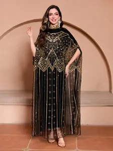 JINLICX Women's Elegant Open Front Caftan Gown, Heavy Gold Sequin Cape Style Robe, Modest Muslim Clothing for Luxury Party, Wedding Reception and Special Occasions CXD26