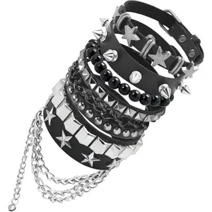 5Pcs Emo Bracelets Punk Rock Studded Bracelet for Women Men Goth Leather Spiked Bracelets Emo Jewelry Accessories Y2K Grunge Cuff Bracelet Gothic Adjustable Wristband for 80s 90s Rocker Outfits