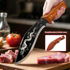 Kitchen Handcrafted Meat Cleaver with Leather Sheath - Stainless Steel Blade Knife with Dragon Patter, Ergonomic Wooden Leather Sheath. Perfect for Meats and Vegetables Cooking