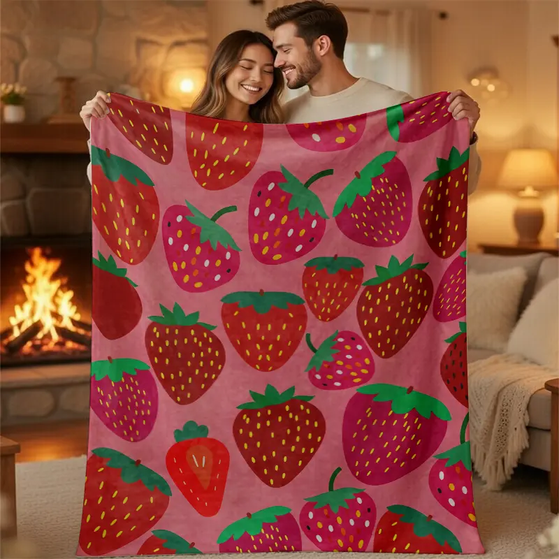 Pink Flannel Throw Blanket - Cute Bright-Colored Fruit-Themed, Adorable Style Fluffy Chunky Cartoon Fleece, Girly Bedroom Couch Decor, Cozy Gift for Girls, Fluffy Blankets, Bright-Colored Blankets