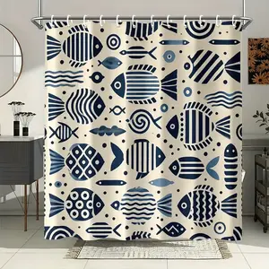 1pc Blue and White Fish Pattern Printed Shower Curtain - Multiple Sizes Available, 2D Flat Design, & Easy to Clean with 12 Hooks, Suitable for Room/Home Hotel Use All Seasons, 2D Flat