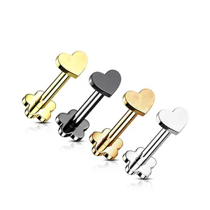 Labret Flat Back Implant Grade Titanium Threadless Push in Flower Base With Heart Shaped Top Fits Most Piercings 16 Gauge - Sold Individually
