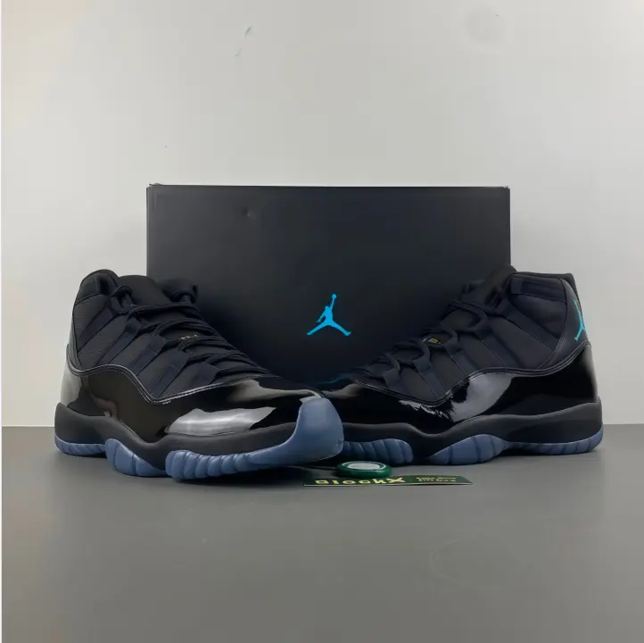 High top basketball sneakers all black patent upper gamma blue outsole blue side accent sleek stealth design cushioned midsole ankle support street hype daily wear casual party unisex fashion sport footwear
