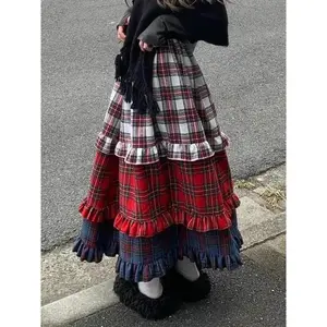 New Winter Dresses Christmas Long Skirt Spliced Lace Contrast Colors Patchwork Full Skirt Sweet England Retro Women Plaid Skirts
