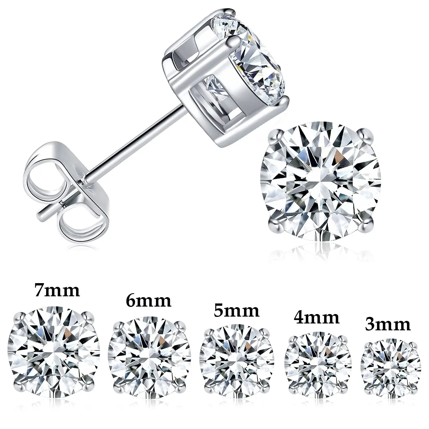 Cubic Zirconia Stud Earrings Set (3-8mm) for Women & Men, Hypoallergenic Titanium Steel, Multilayer Plated Finish, High Quality Earrings, Synthetic Diamond, Christmas, Birthday, Unisex, Wedding, Anti-Rust Steel Earrings