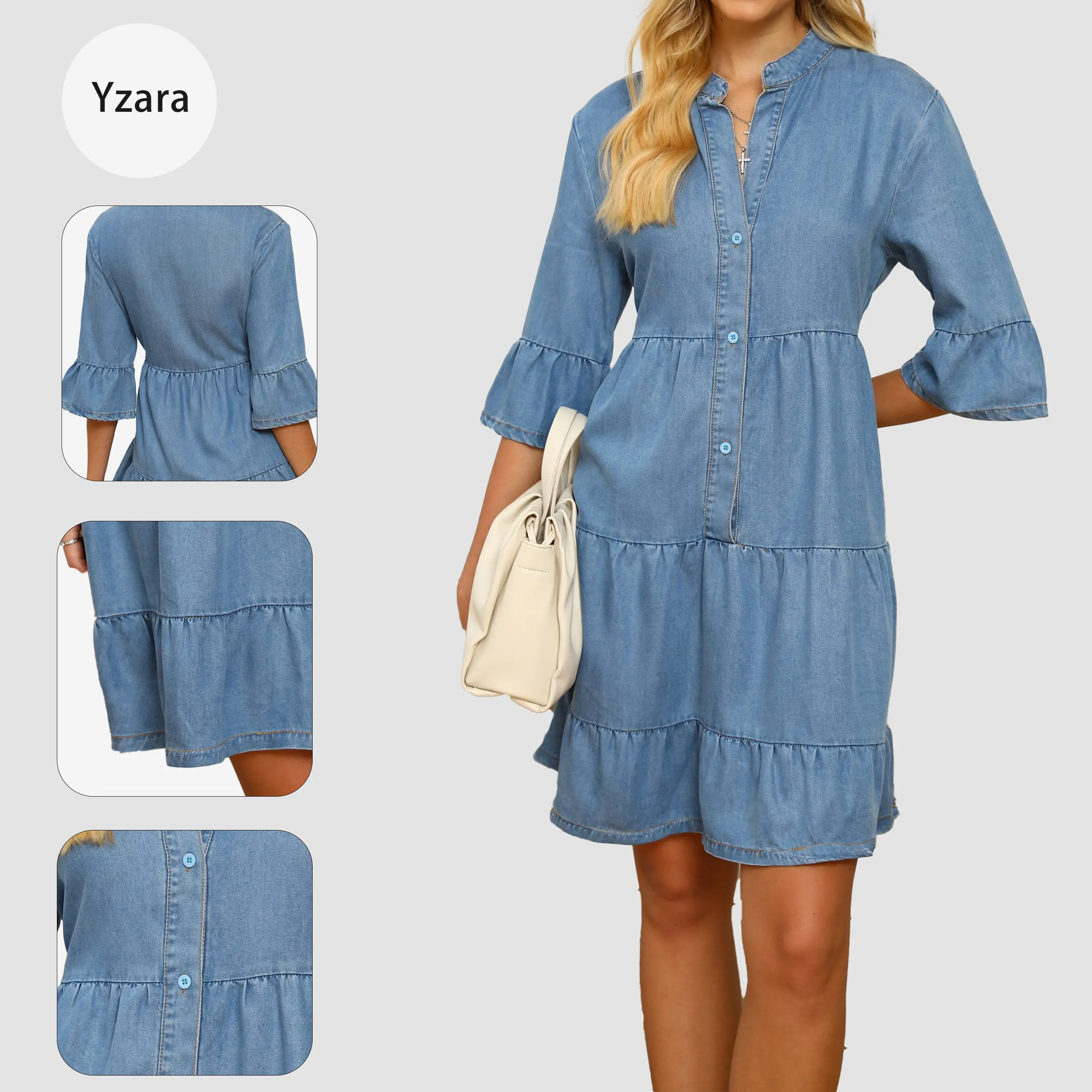 Basic Plain Style Denim Dress for Women with V-Neck and Ruffle Sleeves - Comfortable Casual Summer Daily Wear, Elegance, Minimalist, Ruffled, Machine Washable, Sexy, Short Sleeve, Piece, Elegant, Casual Wear, Everyday, Solid, Classic, Going Out, No, Acces