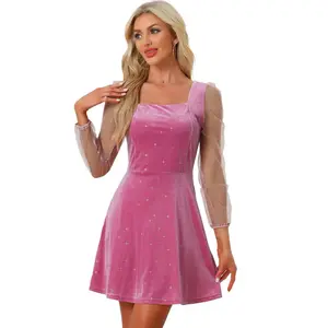 INSPIRE CHIC Women's Mesh Sheer Puff Long Sleeve Square Neck Glitter Star Mini Velvet Dress Hot Pink X-Small